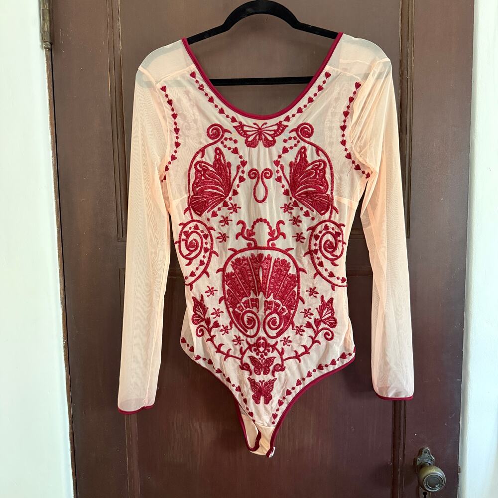 BANJUL | Peach Mesh Embroidered Bodysuit Open Back | Large